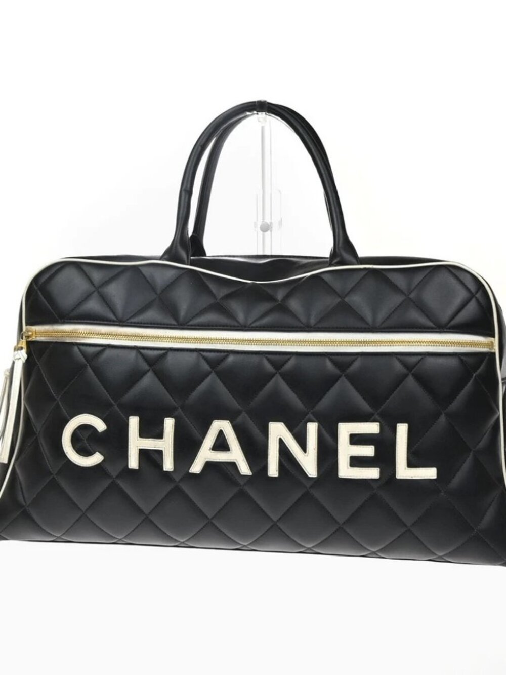 CHANEL Logo Matelasse Travel Boston Hand Bag Leather Black France